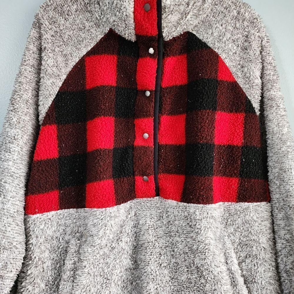 Maurices Plus Size Gray Buffalo Plaid Yoke Snap Front Sherpa Pullover Sweatshirt - Picture 2 of 12